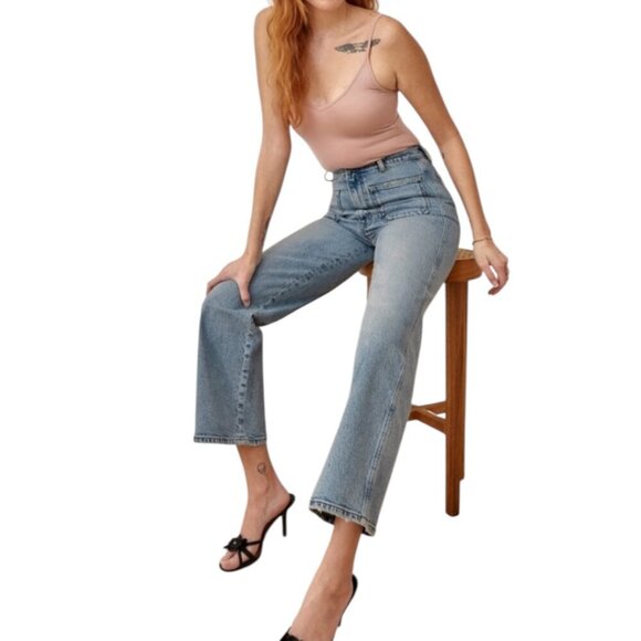 New Reformation Alyssa Patch Pocket High Rise Wide Leg Ankle Jeans 30 Aden Wash - Picture 4 of 15